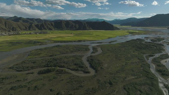航拍西藏拉孜青稞田 湿地