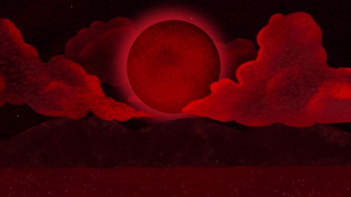 手绘漫画海上红色月亮诡异背景