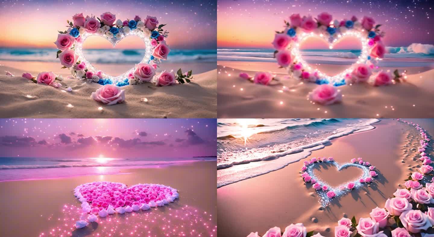 浪漫心形玫瑰海滩