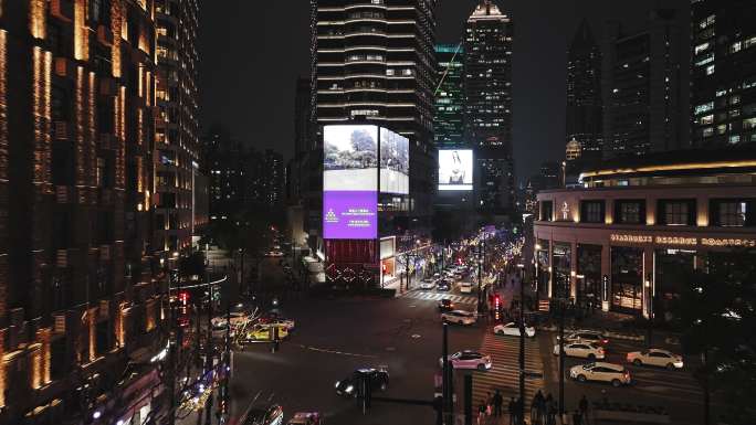 上海南京西路夜景街道航拍