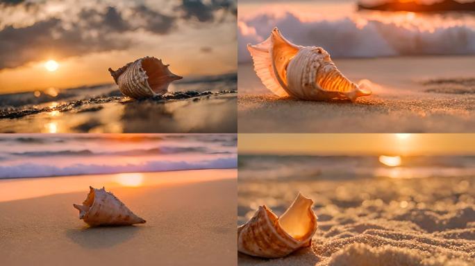 唯美夕阳下金色海滩贝壳