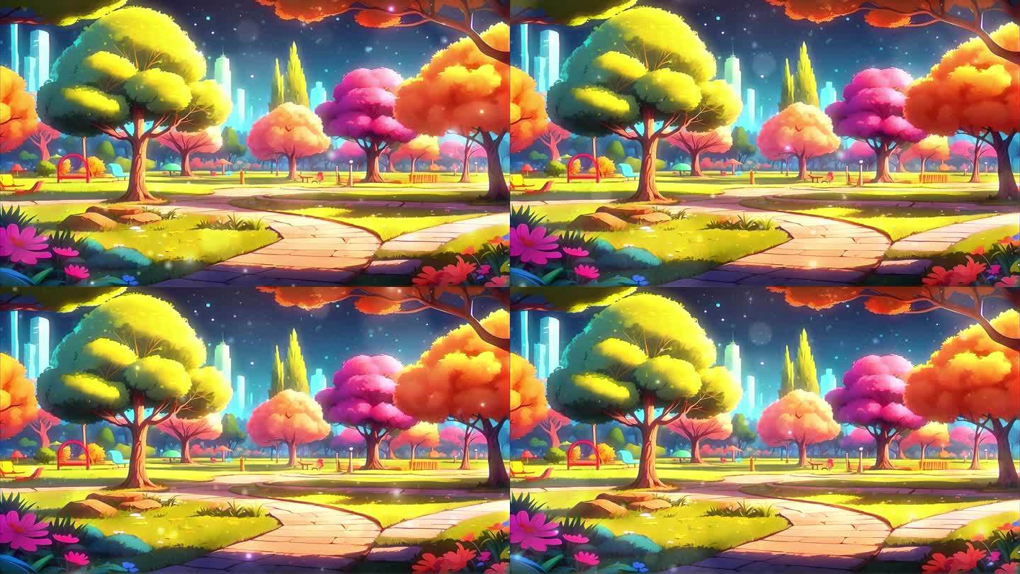 4K唯美梦幻卡通三维3D公园树林花园背景