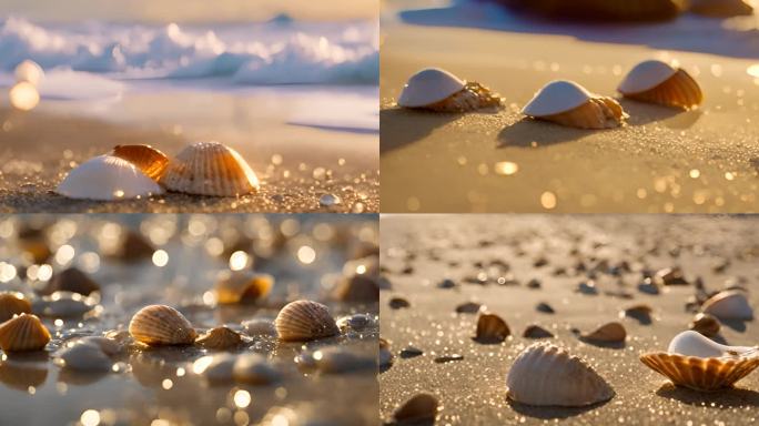 夕阳下金色海滩上的贝壳海螺