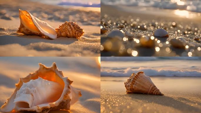 夕阳下金色海滩上的海螺贝壳