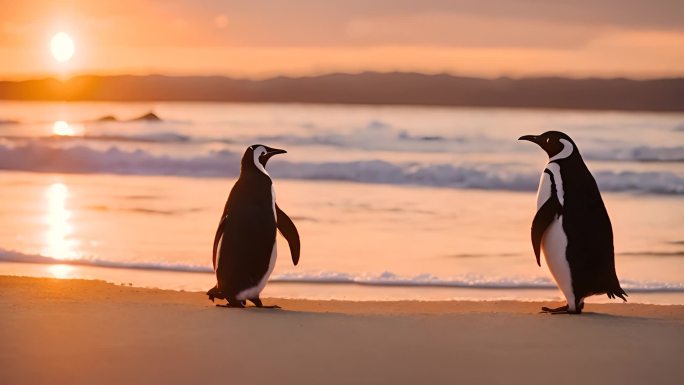 夕阳下唯美沙滩企鹅