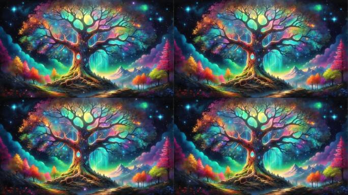 4K梦幻魔幻卡通油画梵高抽象手绘大树背景