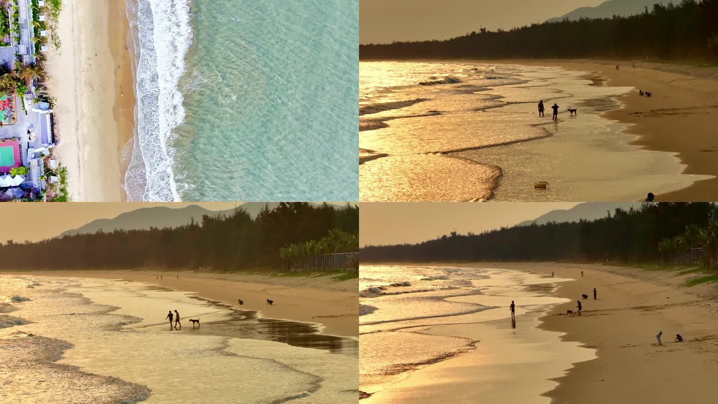 三亚海边玩耍日落航拍一家人情侣和狗唯美