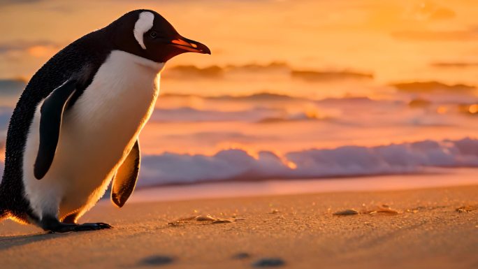 夕阳下的企鹅在沙滩
