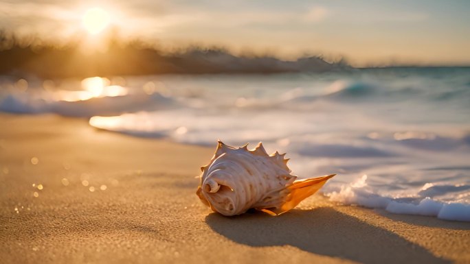 夕阳下海滩上的海螺贝壳