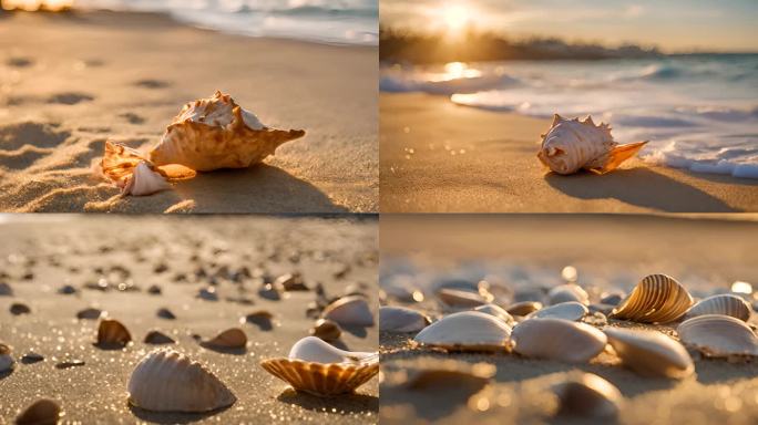 夕阳下海滩上的海螺贝壳