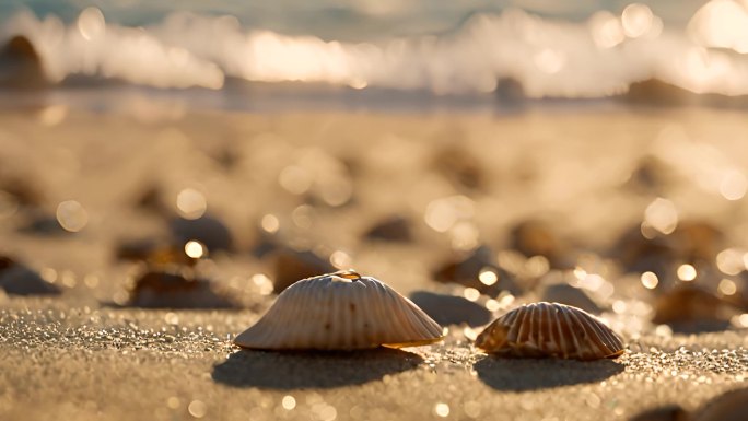 夕阳下海滩上的贝壳海螺