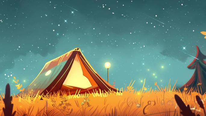 夜晚露营帐篷草地星空手绘背景大屏循环