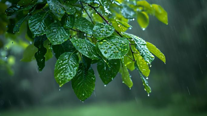 树叶子下雨天雨水水滴雨季ai素材原创户外