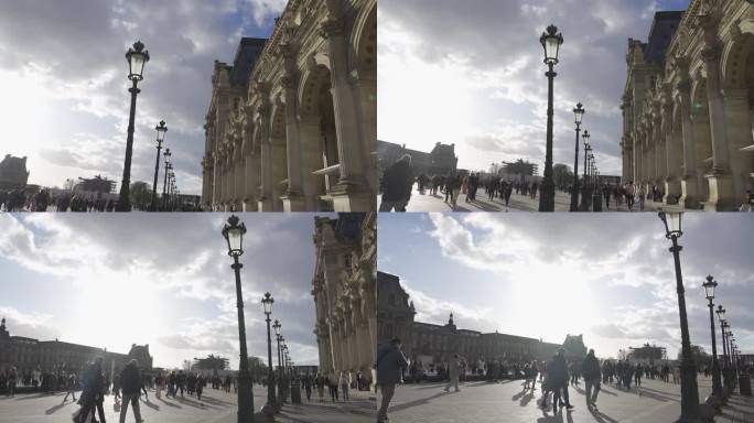 法国巴黎街景卢浮宫外景建筑欧洲行人游客