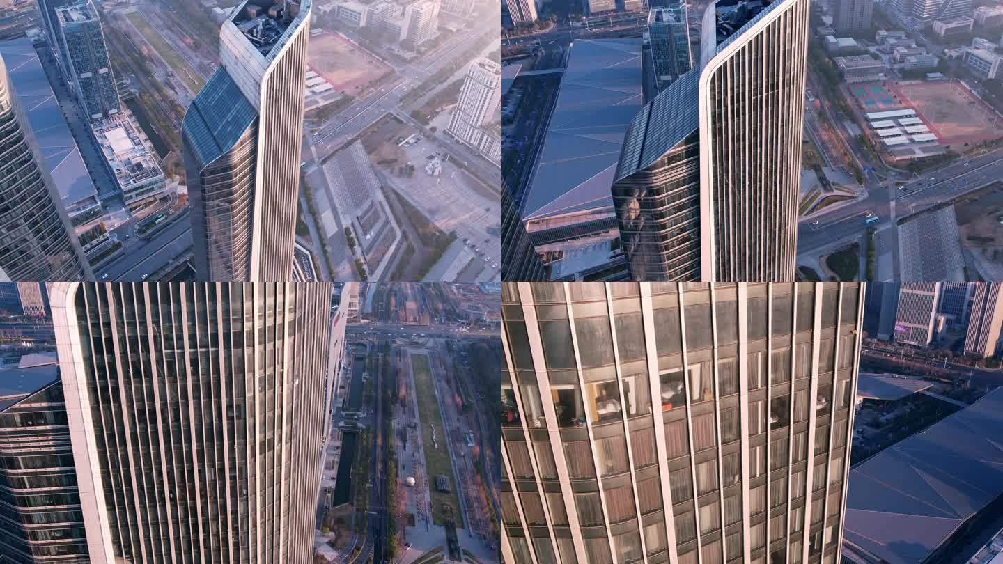 南京保利双子塔日出城市建筑航拍