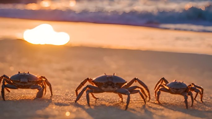 夕阳下海滩上的巨型螃蟹