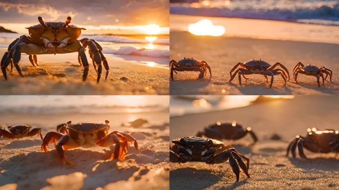 夕阳下海滩上的巨型螃蟹