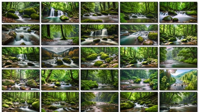 森林溪流瀑布小溪绿色生态