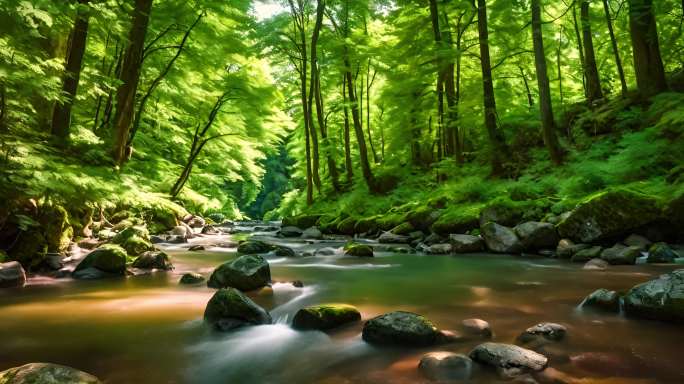 森林溪流瀑布小溪绿色生态
