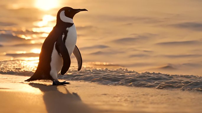 夕阳下金色海滩上的企鹅