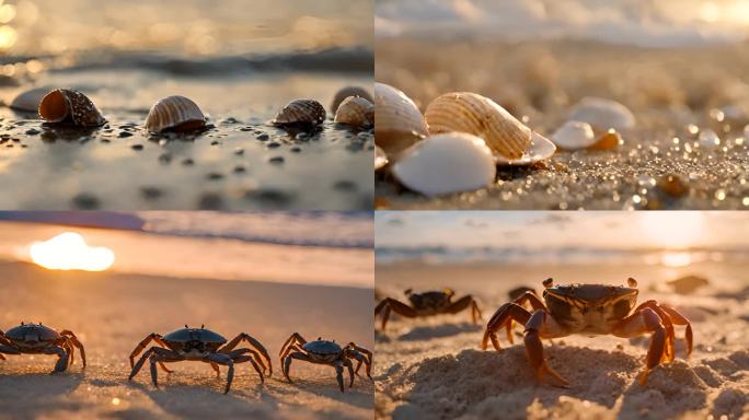 夕阳下金色海滩上的贝壳 螃蟹 企鹅