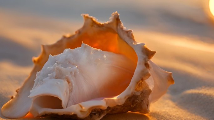 夕阳下金色海滩上的贝壳