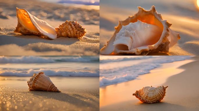 夕阳下金色海滩上的贝壳