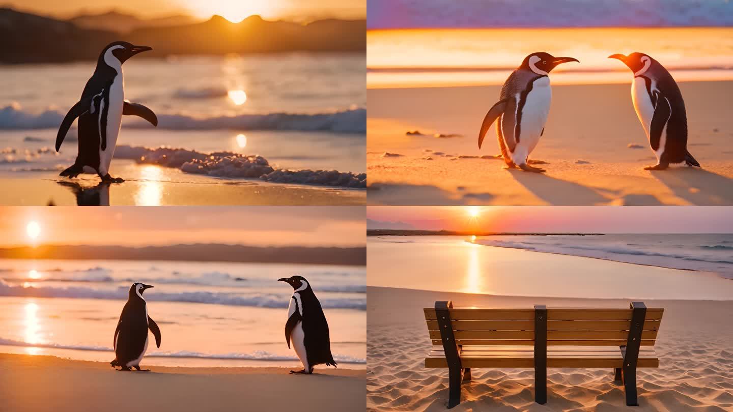夕阳下唯美沙滩上的企鹅