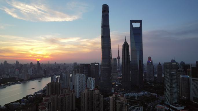 上海东方明珠四件套逆光日落宣传航拍长镜头