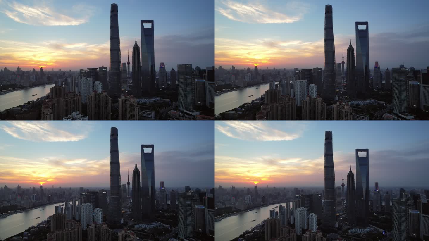 上海东方明珠四件套逆光日落宣传航拍长镜头