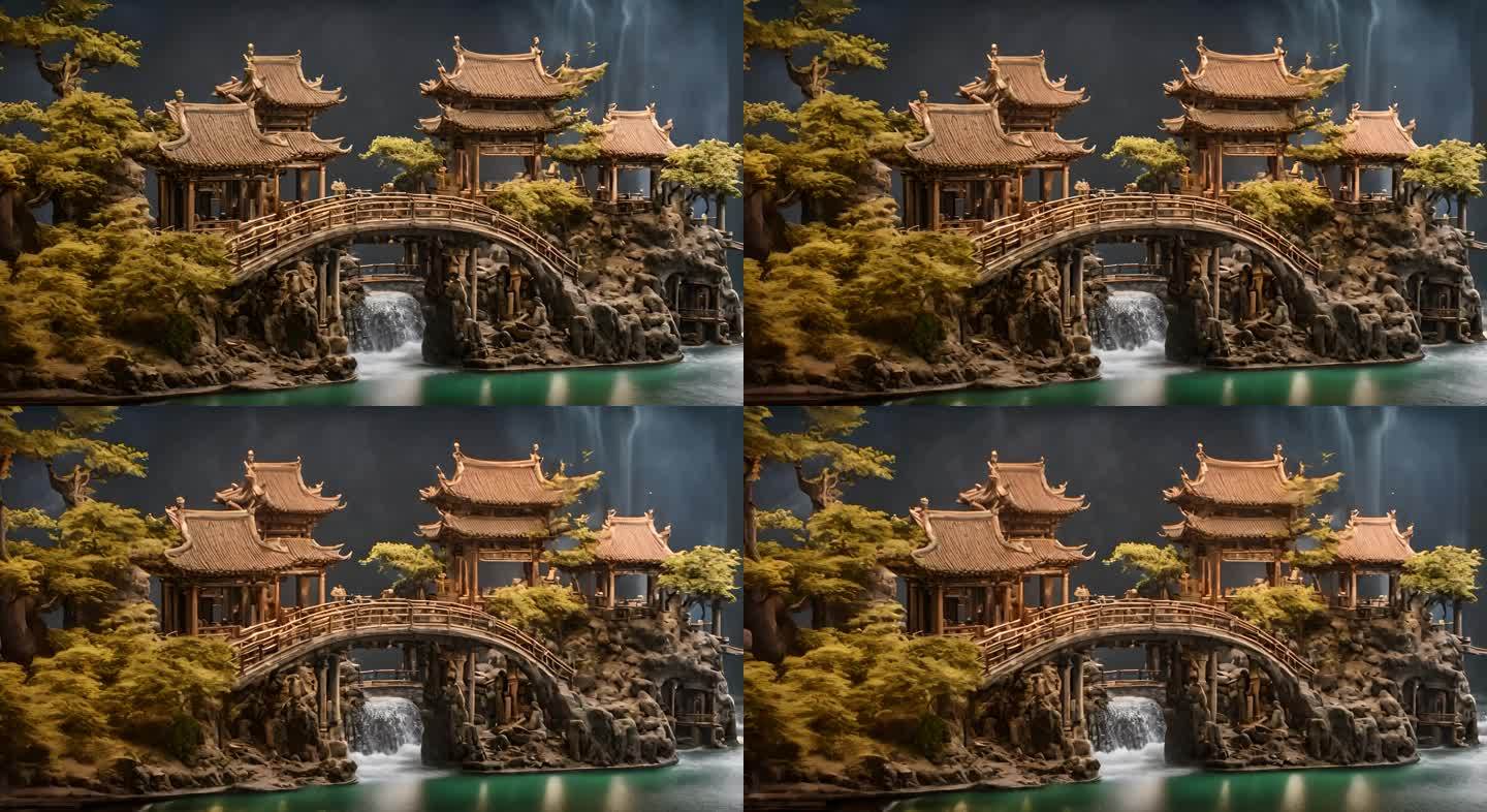 中式汉唐建筑雕塑小桥流水人家