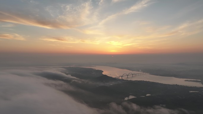 航拍襄阳汉江桥梁云海云雾城市风光自然风景