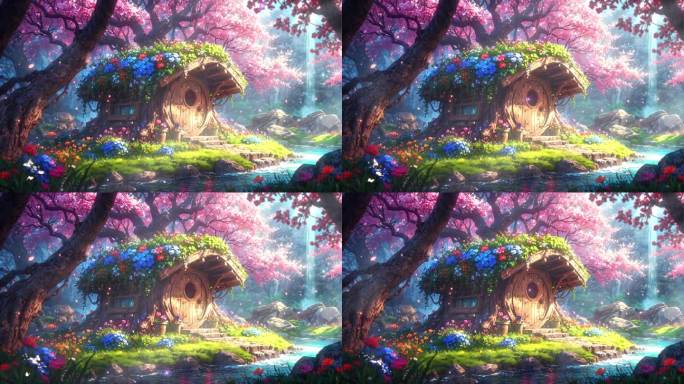 4K卡通油画手绘童话花园花海自然风景背景