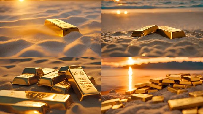 沙滩上闪闪发光的金子 金条