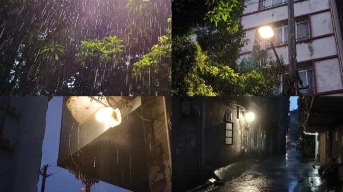 夜晚灯光雨滴下雨积水滴水写意意境小巷夜景