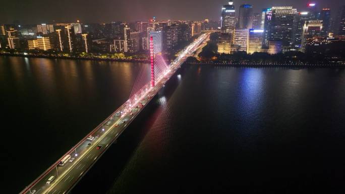 杭州钱塘江西兴大桥夜晚夜景航拍车流交通城