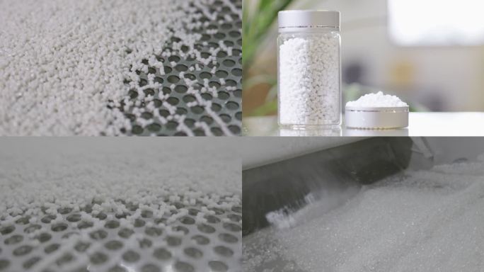 自动化流水线上的白色再生塑料颗粒造粒流程