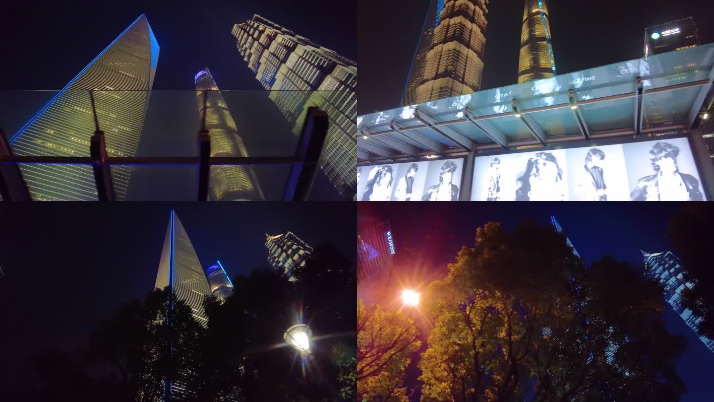 夜晚仰望上海陆家嘴三件套高楼大厦城市夜景