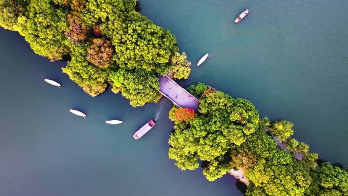 西湖苏堤唯美美景航拍大自然风光杭州风景名