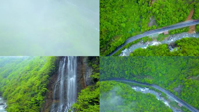 绿野公路山林瀑布云雾缭绕中的山路行车