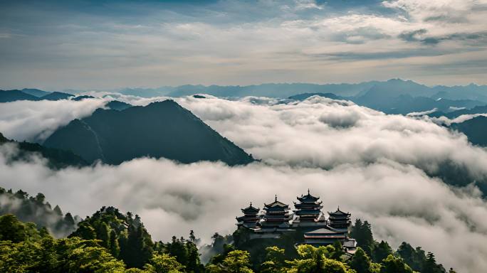 峨眉山自然风光延时摄影航拍峨眉山金顶云海