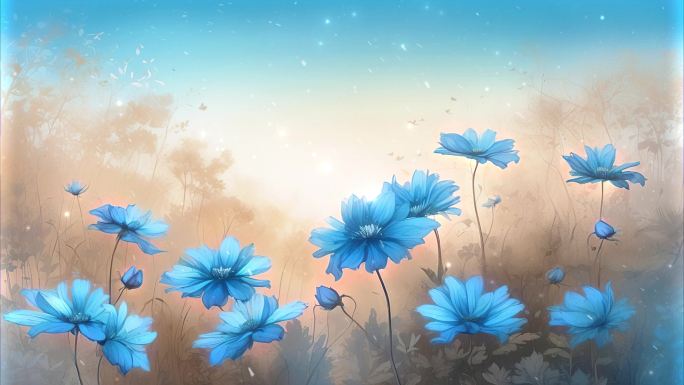4K唯美梦幻油画手绘花朵蓝色花海花丛背景