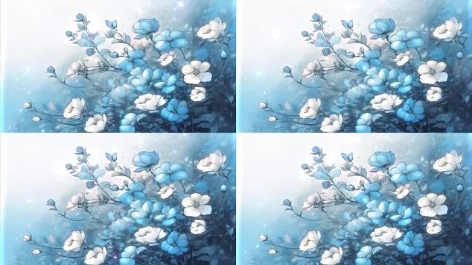 4K唯美梦幻油画手绘蓝色花朵花海花丛背景