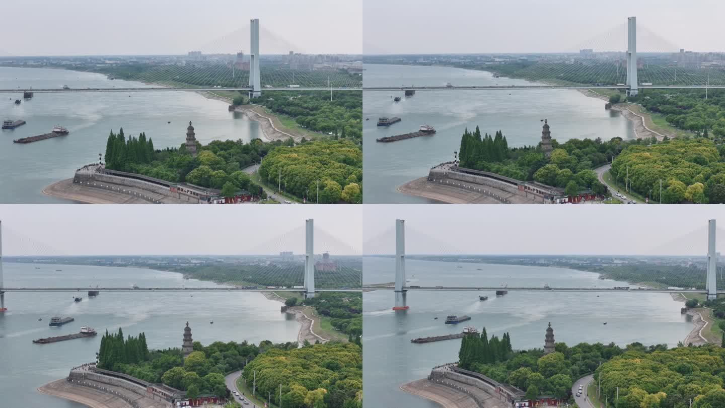 荆州航拍万寿宝塔荆州长江大桥同框环绕白天