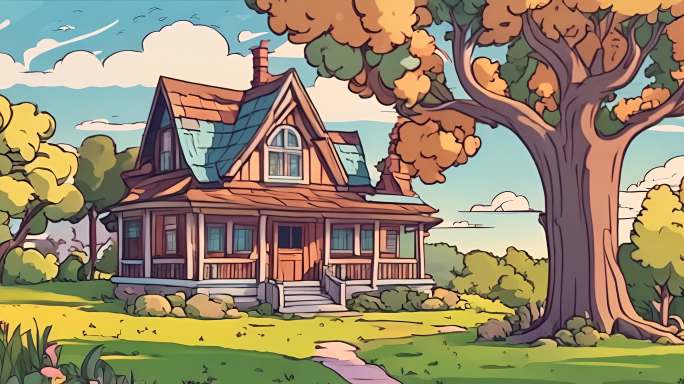 卡通动画农田中的房屋