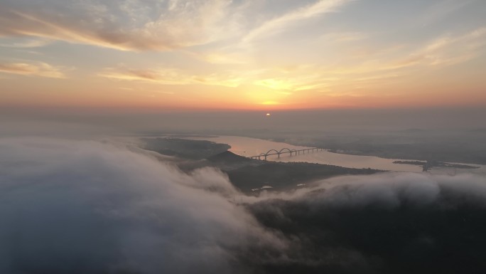 航拍襄阳汉江桥梁云海云雾城市风光自然风景