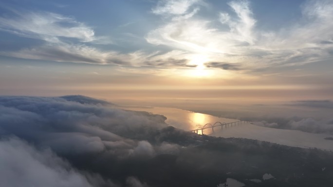 航拍襄阳汉江桥梁云海云雾城市风光自然风景