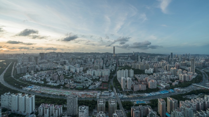 深圳傍晚日转夜全景超广角延时摄影