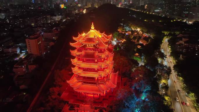 武汉黄鹤楼夜晚夜景航拍湖北武昌区地标建筑