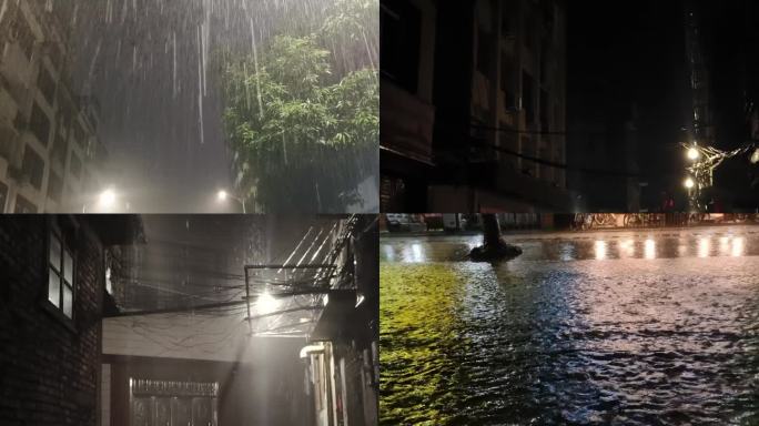 雷雨季节雷电闪电夜晚城市雷雨暴雨夜水浸街